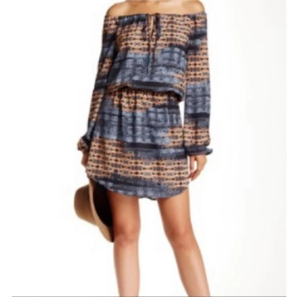 WAYF Aztec Print Long Sleeve Off Shoulder Dress- S